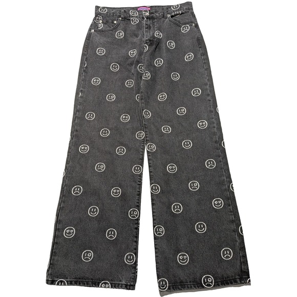 Edikted Pants - EDIKTED MOODY EMOJI AOP Women Size XL Wide-Leg Black Washed Denim Jeans NEW